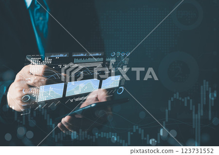 Business online digital market. businessman use graphs report and progress of business and analyze financial,and investment. Use technology to plan strategy to success goals and growth stock. 123731552
