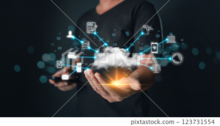 Hand hold icon cloud computing technology.data storage center system sharing management for upload download transfer.secure backup online digital networking and internet connection service concept. Hand hold icon cloud computing technology.data storage center system sharing management for upload download transfer.secure backup online digital networking and internet connection service concept. 123731554