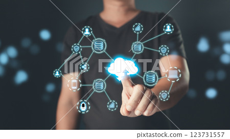 Hand touch icon cloud computing technology.data storage center system sharing management for upload download transfer.secure backup online digital networking and internet connection service concept. Hand touch icon cloud computing technology.data storage center system sharing management for upload download transfer.secure backup online digital networking and internet connection service concept. 123731557