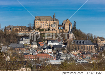 The Marburg Castle, also called Landgrave's Castle, and the Lutheran Parish Church (r) above the old town of Marburg, Hesse, Germany, Europe The Marburg Castle, also called Landgrave's Castle, and the Lutheran Parish Church (r) above the old town of Marburg, Hesse, Germany, Europe 123731565