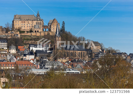 The Marburg Castle, also called Landgrave's Castle, and the Lutheran Parish Church (r) above the old town of Marburg, Hesse, Germany, Europe The Marburg Castle, also called Landgrave's Castle, and the Lutheran Parish Church (r) above the old town of Marburg, Hesse, Germany, Europe 123731566