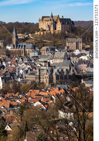Marburg Castle, also Landgrave's Castle, above the old town of Marburg with Lutheran Parish Church (l) and University Church (mid), Hesse, Germany Marburg Castle, also Landgrave's Castle, above the old town of Marburg with Lutheran Parish Church (l) and University Church (mid), Hesse, Germany 123731573