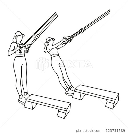 outline of woman fitness leggings exercising with Suspension Strap standing, gym woman icon, TRX gym outline of woman fitness leggings exercising with Suspension Strap standing, gym woman icon, TRX gym 123731589