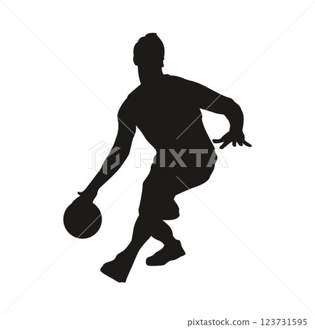 Basketball single Player Silhouette, vector front view dribbling the ball 123731595