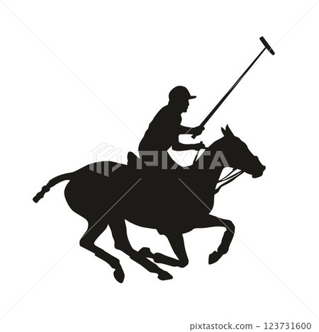 Polo Rider Silhouette, horse polo sport vector, Black silhouette of player holding mallet,  123731600