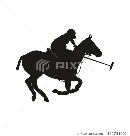 Silhouette of a fast Polo rider holding a mallet, horse sport Silhouette of a fast Polo rider holding a mallet, horse sport 123731601