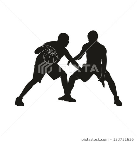 silhouette icon of two men dueling in basketball, black vector illustration of front view of sports men, athlete players silhouette icon of two men dueling in basketball, black vector illustration of front view of sports men, athlete players 123731636