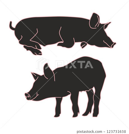 line outline pig sleeping and standing, vector illustration 123731638