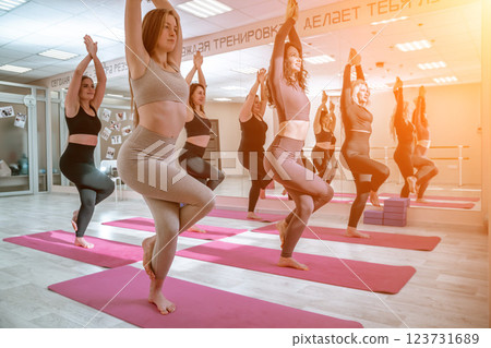 A group of six athletic women doing pilates or yoga on pink mats in front of a window in a beige loft studio interior. Teamwork, good mood and healthy lifestyle concept. A group of six athletic women doing pilates or yoga on pink mats in front of a window in a beige loft studio interior. Teamwork, good mood and healthy lifestyle concept. 123731689