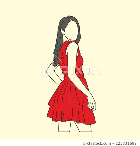 vector illustration of stylish Asian girl posing on her shoulder, cute flat red color striped woman dress and hair flowing back, kpop idol cartoon outline vector illustration of stylish Asian girl posing on her shoulder, cute flat red color striped woman dress and hair flowing back, kpop idol cartoon outline 123731692