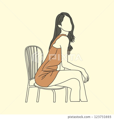 Vector illustration of a sexy Asian woman sitting on a chair with a fit body with flat color line art design, sexy kpop cute woman 123731693