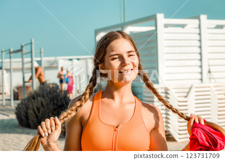 Beach Girl Summer: Playful Portrait, Sunny Day, Happy Vacation. Beach Girl Summer: Playful Portrait, Sunny Day, Happy Vacation. 123731709