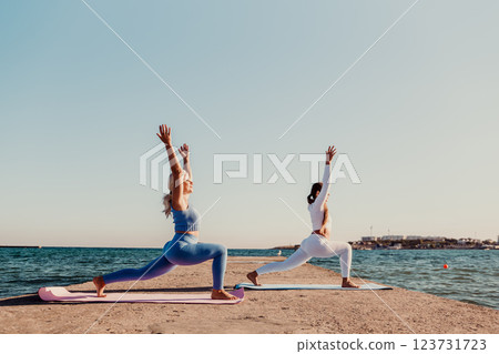 Yoga Beach Couple Pose Workout Exercise 123731723
