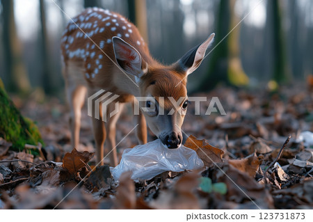 Young whitetail deer fawn eating a plastic bag in the forest 123731873