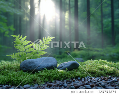 Green moss and stones in the forest with sun rays and lens flare Green moss and stones in the forest with sun rays and lens flare 123731874