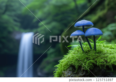 Mushrooms in the forest with waterfall in the background 123731897