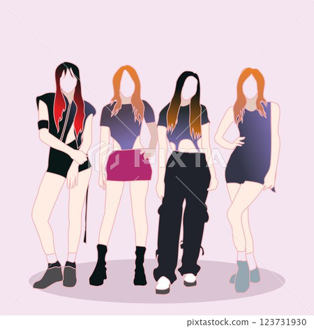 Vector illustration of a group of female singers singing wearing sexy outfits with color gradient hair. Korean K-POP GIRL idol event.abstract flat color cartoon design Vector illustration of a group of female singers singing wearing sexy outfits with color gradient hair. Korean K-POP GIRL idol event.abstract flat color cartoon design 123731930