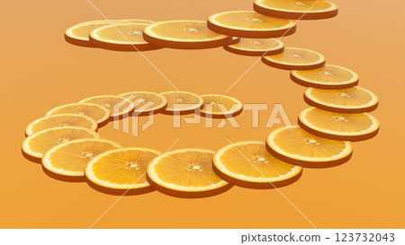 Lots of orange fruit slices on orange background 123732043