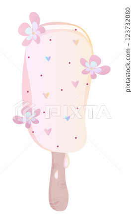 Delicate ice cream with flowers and caramel sprinkles, popsicle on a wooden stick, melting vanilla ice pop, vector gradient colorful illustration 123732080