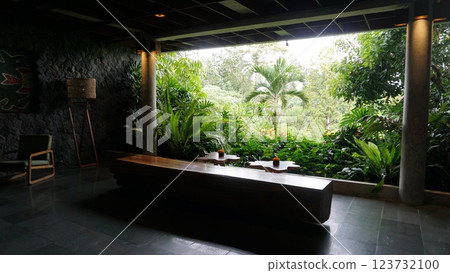 View of the terrace in abstract Ubud resort with summer garden View of the terrace in abstract Ubud resort with summer garden 123732100