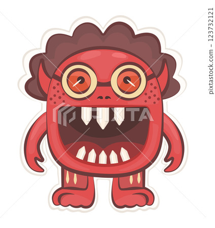 Angry groovy monster sticker, vector red evil character, hippy and trippy avatar, trendy funky illustration Angry groovy monster sticker, vector red evil character, hippy and trippy avatar, trendy funky illustration 123732121
