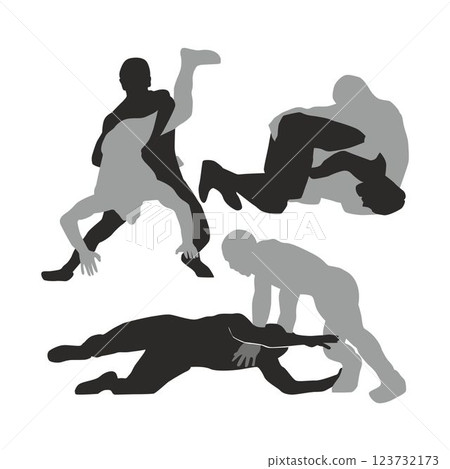 silhouette collection of two wrestlers, Vector flat black and gray shapes, wrestling duel icon silhouette collection of two wrestlers, Vector flat black and gray shapes, wrestling duel icon 123732173