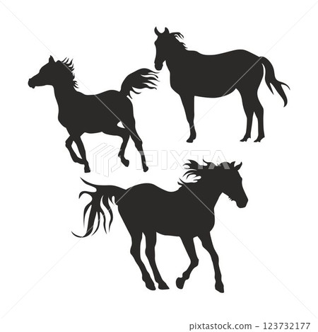 Collection of vector illustrations of various poses of horse silhouettes, long-tailed horses, racing horses Collection of vector illustrations of various poses of horse silhouettes, long-tailed horses, racing horses 123732177