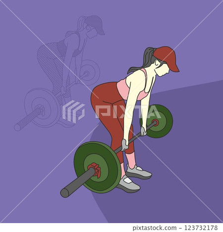 Colorful flat pop up vector illustration of Woman Lifting Weights, gym workout 123732178