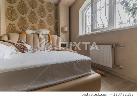 girl is laying on a bed in a room with a window. The room is decorated with gold accents and has a window with a view. 123732192