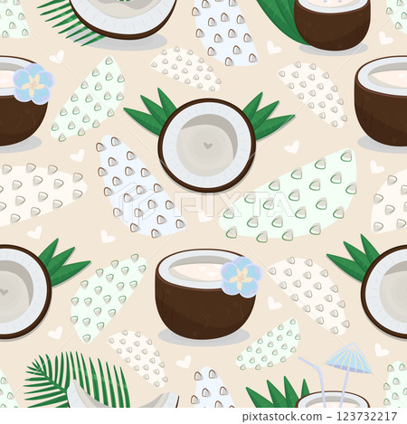Coconut seamless pattern, nuts with palm leaves, flowers, milk and memphis style elements, vector colorful endless background 123732217