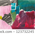Abstract torn paper collage, bright painted paper scraps in bold colors, layered texture background. Handmade artistic composition template. 123732245