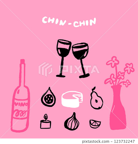 Chin chin kitchen illustration, hand drawn food and drink doodles on pink background, wine, cheese and fruits illustration. Vector template of party poster 123732247