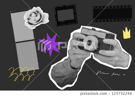 Retro photo collage board, torn film frame and halftone flower sticker, camera in hands, dark vintage. Vector template of scrapbook page 123732248