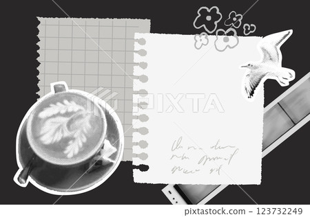 coffee collage board, halftone cappuccino cup sticker, torn grid paper and diary notes, grain vintage texture background. Vector template of diary pages 123732249