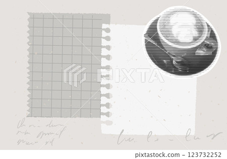 Minimal coffee collage board, halftone cappuccino cup sticker, torn grid paper and diary notes, soft vintage texture background. Vector template of diary pages 123732252