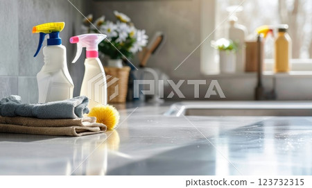 Bright and professional cleaning services banner, Close-up of cleaning supplies on clean countertop in tidy room setting 123732315
