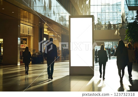 Modern Shopping Mall Atrium with Sunlit Advertising Pillar and Shoppers Modern Shopping Mall Atrium with Sunlit Advertising Pillar and Shoppers 123732318