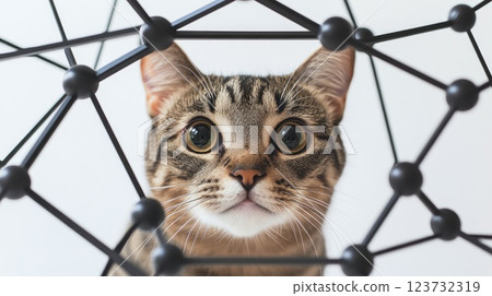 Fascinating Feline: Curious Cat Among Abstract Geometric Shapes. Fascinating Feline: Curious Cat Among Abstract Geometric Shapes. 123732319