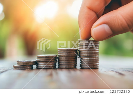 A hand is holding a stack of coins, with the top coin being a penny A hand is holding a stack of coins, with the top coin being a penny 123732320