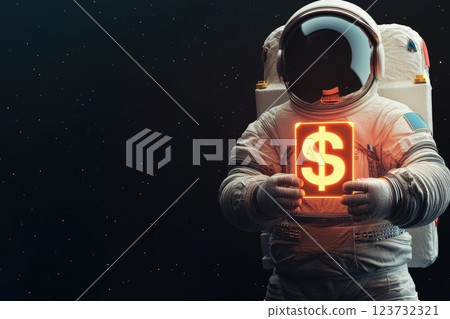 Futuristic Financial Concept, 3D Astronaut Holding Glowing Dollar Sign with Floating Coins in Space Background for Design Elements 123732321