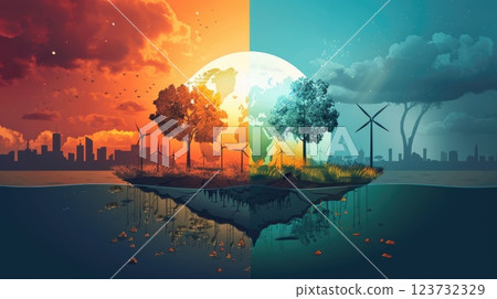 World Divided, Fossil Fuels vs. Renewable Energies, Conceptual Flat Design Illustration with Vibrant Contrasts World Divided, Fossil Fuels vs. Renewable Energies, Conceptual Flat Design Illustration with Vibrant Contrasts 123732329