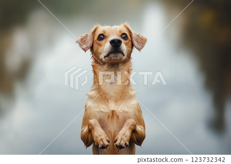 Cute Dog Standing on Hind Legs by Water with Curious Expression in Soft Natural Light 123732342