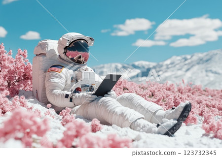 Astronaut Relaxing on Colorful Snowy Landscape with Flower 123732345