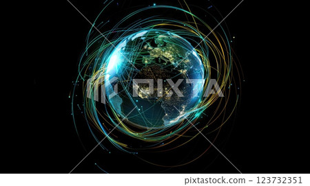 Conceptual Glowing Globe with Radiating Lines Representing Immersive Technology Connections, Illuminated Global Internet Networks 123732351