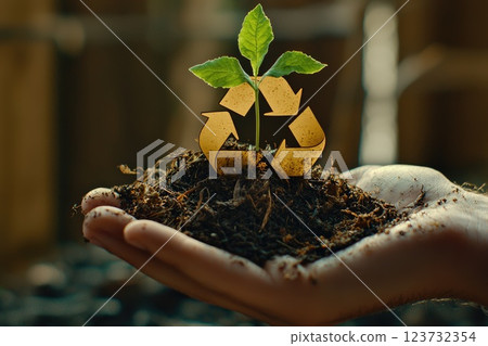 Sustainable Practices for a Greener Future: Hands Holding Rich Soil with a Growing Plant Symbolizing Renewable Energy and Environmental Conservation Efforts in Nature 123732354
