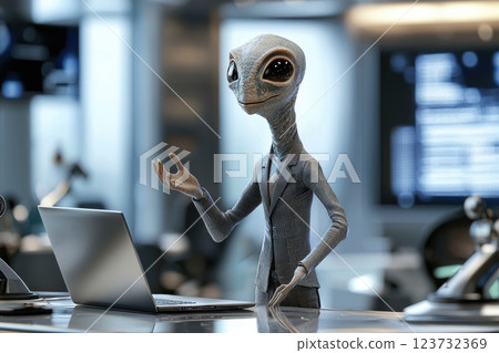 Humanoid Alien Business Entity Engaging with Technology in a Futuristic Office Environment, Humanoid Alien Business Entity Engaging with Technology in a Futuristic Office Environment, 123732369