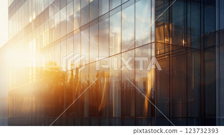 A large glass building with a sun shining through the windows A large glass building with a sun shining through the windows 123732393