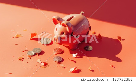 A piggy bank is broken and has coins scattered around it A piggy bank is broken and has coins scattered around it 123732395