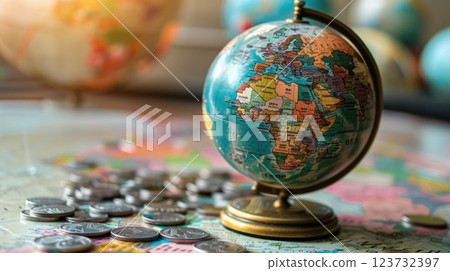 A globe sits on a table with a pile of coins A globe sits on a table with a pile of coins 123732397