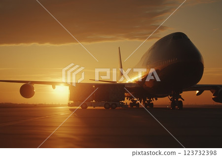 Massive Cargo Plane at Sunset Side View Loading Scene 123732398